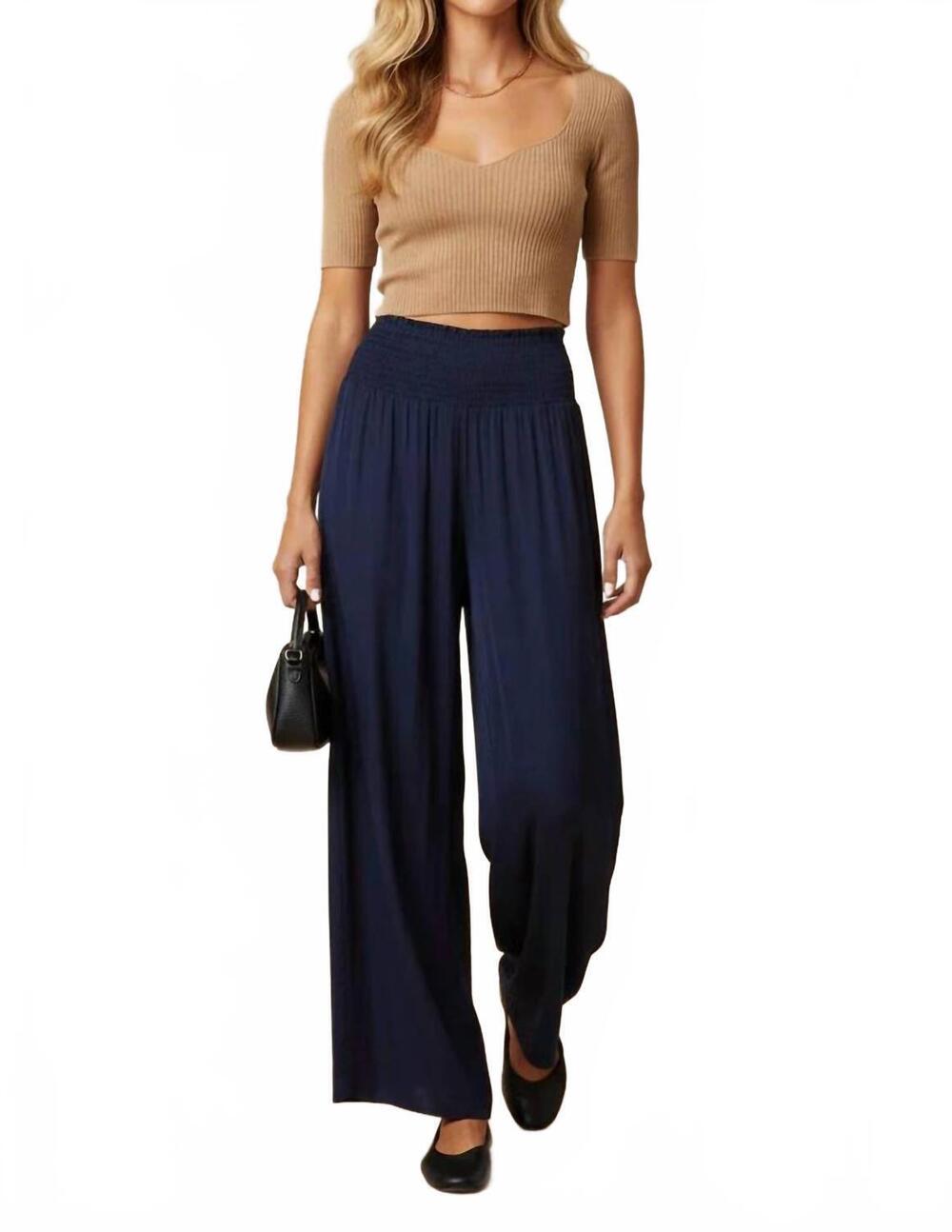 NEW NAKED ZEBRA women's smocked waist wide leg pant in navy